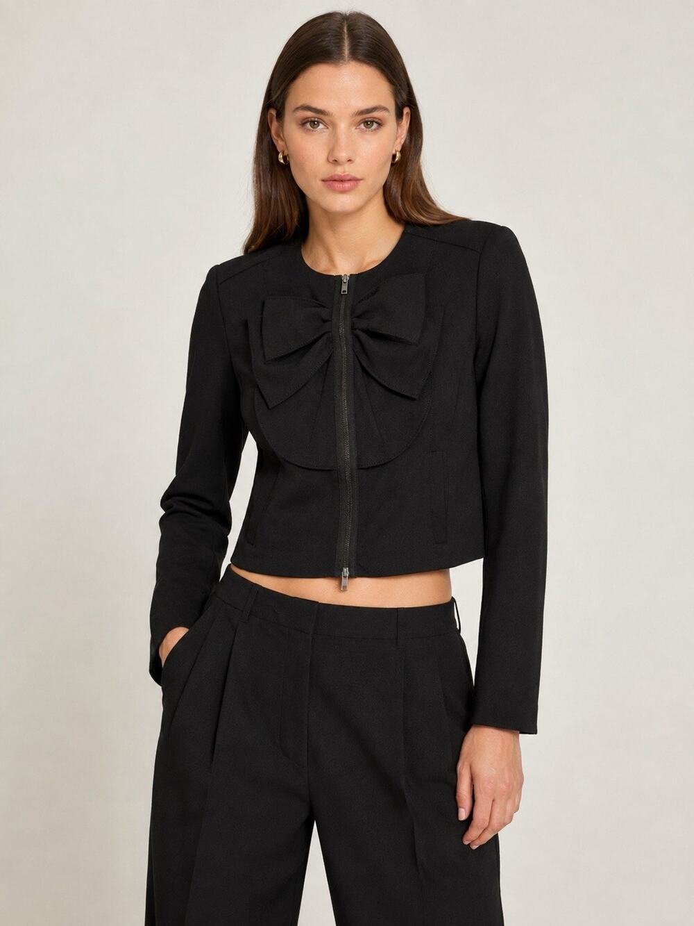 Sine Black Bow Front Zip Cropped Jacket Blazer Size 4 Statement Piece